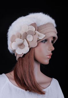 M72 Wool Rabbit Fur Fashion Women's Winter Hat Beanie Cap 3D Flowers Ivory Cream Beanie Hat As Gift, Vintage Winter Hats One Size, Vintage White Hat One Size, Cream Winter Hat As Gift, White Hat One Size Gift, Dieselpunk Fashion, Gray Rabbit, Whimsy Art, Faux Fur Material