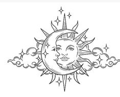 the sun and moon with clouds around it, in black and white ink on a white background