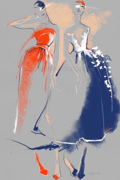 two women in evening dresses, one wearing red shoes and the other blue with white flowers