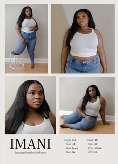 four photos of a woman in white top and jeans