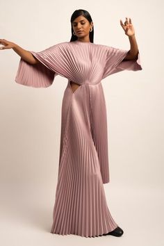 Dusky rose dress with textured pleated detailing. - Aza Fashions Pink Plain, Rose Dress, Pink Satin, Types Of Dresses, Batwing Sleeve, Dress For Women, Dresses Maxi, Pleated Dress, Aza Fashion