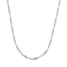 The dainty intricate detailing of the Singapore Twist Chain reflects the light giving it a luxe feel that resembles flowing water. Wear alone or pair with your favourite chains for a gorgeous layered look. All sterling silver jewellery will tarnish (oxidise) over time as this is the metal's natural way of reacting to the oxygen in the air. Tarnishing will generally happen much faster if it comes into contact with agents such as perfume, salty air, sulphur, skin creams, hairspray, chlorine and ac Elegant Silver Necklace With Figaro Chain, Elegant Silver Figaro Chain Necklace, Elegant Silver Figaro Chain Jewelry, Delicate Silver Chain Necklace, Elegant Sterling Silver Figaro Chain Necklace, Delicate Silver Link Chain Necklace, Dainty Silver Chain Necklace With Delicate Chain, Elegant Sterling Silver Curb Chain Necklace, Dainty Silver Necklace With Delicate Chain