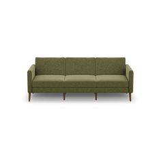 a green couch sitting on top of a white floor