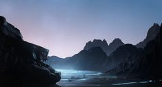 an image of a beach at night with mountains in the background and stars above it