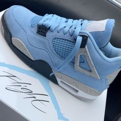 These Are The Jordan 4 Unc’s Only Wore Twice Still In Great Condition Just That They Don’t Fit Anymore They Are A 9 In Men. Carolina Blue Jordans, Shoe Games, Jordan 4 Unc, Jordan 4 Shoes, Cute Jordans, Football Drip, Fire Shoes