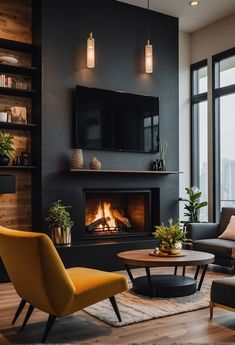 a living room filled with furniture and a fire place next to a large window on top of a wooden floor