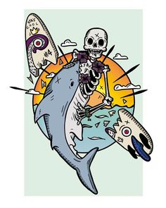 a skeleton riding on top of a shark in front of a sun with other items