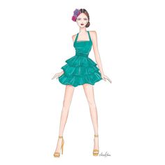 a drawing of a woman wearing a green dress and high heeled shoes with her hands on her hips