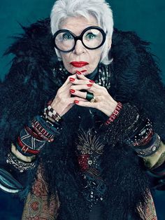 ~Iris Apfel, 92, is an American businesswoman, interior designer, and fashion icon. In 2005, the Metropolitan Museum of Art in NYC premiered an exhibition about Apfel titled, Rara Avis (Rare Bird): The Irreverent Iris Apfel" ~* Iris Apfel Quotes, Carmen Dell'orefice, How To Have Style, Mac Collection, Jane Russell, Gene Kelly, Mae West, Rare Birds