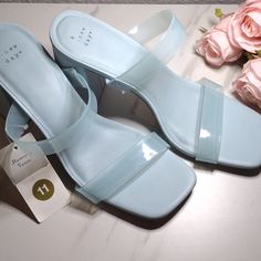 Beautiful 4" Clear Gel Like Sandals With Memory Foam For Comfort. Casual Blue Sandals With Low Heel, Casual Blue Low Heel Sandals, Light Blue Closed Toe Sandals For Summer, Chic Jelly Sandals With Open Heel For Spring, Trendy Light Blue Sandals For Spring, Trendy Light Blue Spring Sandals, Trendy Light Blue Party Sandals, Chic Closed Toe Jelly Sandals For Spring, Chic Open Heel Jelly Sandals For Spring