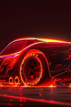 a car with neon lights on the side in front of a black background and red light