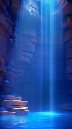 an image of a waterfall with light coming from it