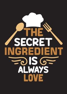 the secret ingredient is always love quote with fork and spoon on black background stock illustration