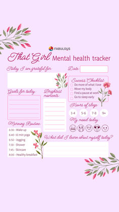 the girl mental health tracker is displayed on a pink background with flowers and leaves around it