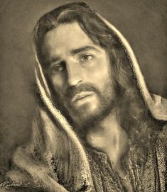 a black and white photo of jesus with his head turned to look like he is wearing a robe