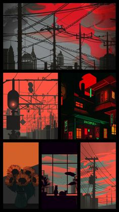 four different images of power lines and buildings at night, with the sun setting behind them