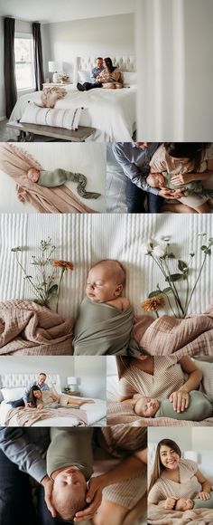 two people are laying in bed and one is holding a baby while the other sleeps