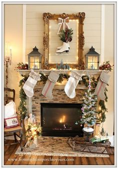 a fireplace decorated for christmas with stockings hanging from the mantle