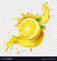 lemon juice splash with green leaves on transparent background