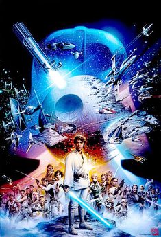 the poster for star wars is shown in front of an image of many different characters