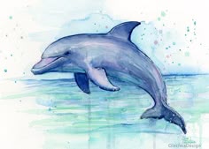 a watercolor painting of a dolphin jumping out of the ocean with blue sky and clouds in the background