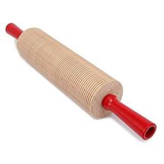 a wooden rolling pin with red handles