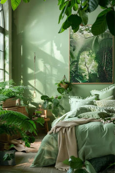 a bedroom with green walls and lots of plants in the corner, along with a bed