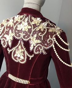 "This one of a kind \"Sugar Plum Princess\" jacket is sure to wow!  This repurposed burgundy corduroy jacket has been embellished with vintage beading from a real wedding gown. Sparkling with Swarovski's, dripping with pearls, with bridal lace sleeves and skirt. Back 15\" Arm 23.5\" Neck to bottom of skirt 26.5\"" Fall Wedding Embellished Outerwear, Embellished Fitted Outerwear For Wedding, Sugar Plum Princess, Princess Jacket, Stage Costume Design, Star Wars Fashion, Diy Clothes Videos, Adventure Outfit, Book Aesthetics