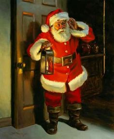 a painting of a santa clause standing in front of a door talking on the phone