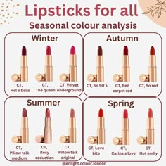 Seasonal Colour Analysis by Maggie T. | 🎨 LIPSTICK GUIDES in bio! Colour analysis helps you find your best makeup colours! These will be in harmony with your natural palette… | Instagram True Winter Makeup Products, Light Spring Lipstick, True Spring Lipstick, Spring Lipstick Colors, Deep Autumn Makeup, Color Analysis Winter, Light Spring Palette, Hoc Autumn, Soft Autumn Makeup