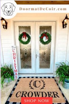 the front door is decorated for christmas with wreaths on it and two potted plants