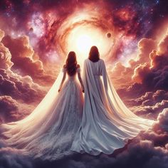 two women in white dresses standing on clouds with the sun shining through their eyes and arms