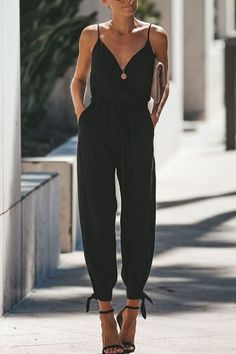 Style A Jumpsuit, Split Pants, Straps Jumpsuit, All Black Outfits, Stylish Jumpsuit, Floral Print Jumpsuit, Jumpsuit Casual, Black Spaghetti Strap, Wrap Romper