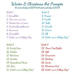 the winter and christmas art projects list is shown in red, green, and blue