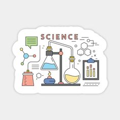 an illustration with the words science on it and various laboratory equipment around it, including beakles, test tubes, flasks, and more