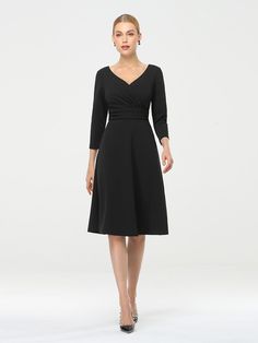 Fit: Please refer to Size Chart. Closure: It is Concealed a Zipper Up The Back. Undergarments: It is Not Padded, without Lining. Fabric: The garment comprises Polyester. Stretch: Fabric is Low Stretch. Classic Black V-neck Dress, Classic Spring Dress For Night Out, Classic Black Midi Dress For Spring, Black Midi Dress For Semi-formal Fall Events, Black Midi Dress For Semi-formal Fall Occasions, Casual V-neck Midi Dress For Semi-formal Occasion, Spring Formal Black Midi Dress, Black Midi Dress For Spring Office Wear, Black Midi Dress For Office In Spring