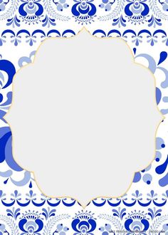 an ornate blue and white background with a gold frame in the middle, on top of it