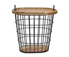 an iron wire basket with wooden top