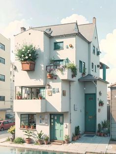 an apartment building with potted plants on the balconies