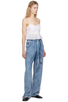 Isabel Marant Etoile: Blue Priana Trousers | SSENSE High Waist Pants With Belt Detail For Summer, Spring Straight Leg Bottoms With Belt Detail, Spring Tapered Leg Bottoms With Belt, High-waist Belted Denim Pants, Belted High Waist Denim Pants, High Waist Belted Denim Pants, Straight Leg Pants With Belt Detail For Spring, Spring Cotton Bottoms With Belt Detail, Cotton Bottoms With Belt Detail For Spring