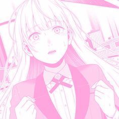 an anime character with long blonde hair wearing a pink suit and tie, standing in front of a cityscape