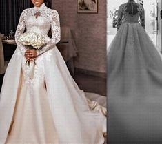 two pictures of the same woman in their wedding gowns, one is wearing a long sleeved dress