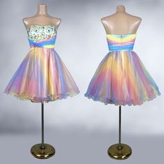 This Is The Most Amazing Vintage Y2k/2000's Formal Party Dress Made By "Cire, A Division Of Landa". It Is Made Of 3 Layers Of Rainbow "Popsicle" Tulle With A Light-Yellow Satin Lining. The Bodice Is Strapless And Fully Boned Like A Bustier And Is Embellished With Colorful Gems And Beading. It Features A Sweetheart Neckline And A Fitted Waist. The Sweep Is Mini Length, And The Tulle Hem Is Edged With Stiffeners That Make It Curl And Stand Out Very Full Like A Tutu. This Is A Candyland Dream Dress That Was Discontinued By The Maker Many Years Ago And Retailed For $300! If You're Looking To Make A Statement When You Walk Into The Room, Look No Further! Labeled A Size 6 - Vintage Sizes Are Multicolor Cocktail Dress For Prom Season, Multicolor Prom Dress For Party Season, Multicolor Dresses For Prom And Party Season, Multicolor Sleeveless Prom Dress, Multicolor Mini Dress For Party Season, Multicolor Strapless Dress For Party Season, Multicolor Strapless Prom Dress, Tutu Party, Yellow Satin