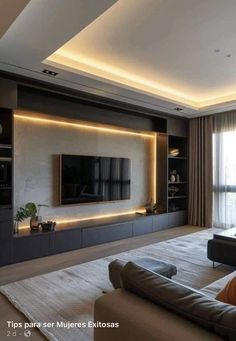 modern living room with built - in entertainment center and flat screen tv on the wall