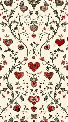 a red and white wallpaper with hearts on it's sides, surrounded by leaves and flowers