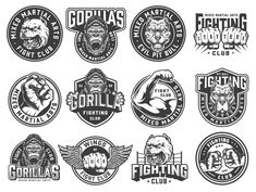 set of vintage gorilla emblems and badges for any sport team or competition on white background