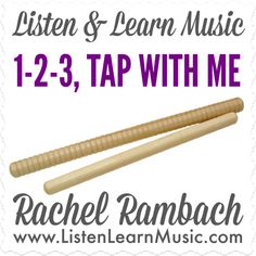 the label for listen and learn music with me, featuring two wooden sticks on top of each