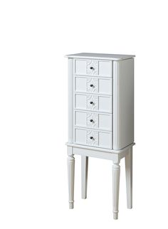 a white wooden cabinet with drawers and legs