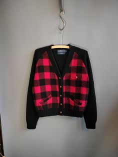 "1980s Ralph Lauren sweater-jacket in a very 1930s-style cut and design. Almost a 1930s repro.  excellent thick wool knit, fully-fashioned sweater, with a blanket-wool front in a true red and black buffalo plaid (color most accurate in second photo).  REAL leather knot buttons listed as a unisex sweater, but this does close the women's-way--men's is left-over-right and this is right-over-left. wearable by either gender!  raglan sleeves real pockets unstretched meaurements: 42\" chest (has stretc Retro Plaid Sweater For Fall, Classic Plaid Sweater For Fall, Vintage Fall Sweater With Pockets, Vintage Sweater With Pockets For Fall, Vintage Wool Sweater For Fall, Retro Fall Cardigan With Pockets, Plaid Wool Sweater For Winter, Vintage Wool Cardigan With Pockets, Vintage Wool Cardigan For Winter