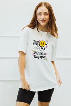 Walking Smiley tee - Sigma Kappa – Spikes and Seams Greek Alpha Phi Shirts, Alpha Omega Epsilon, Phi Sigma Pi, Kappa Delta Chi, Rush Shirts, Sorority Tees, Delta Chi, Theta Phi Alpha, Bid Day Shirts